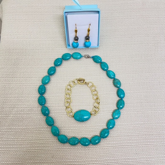 Set of Natural Turquoise Hematite Gemstones Necklace Bracelet Earrings - Picture 1 of 8